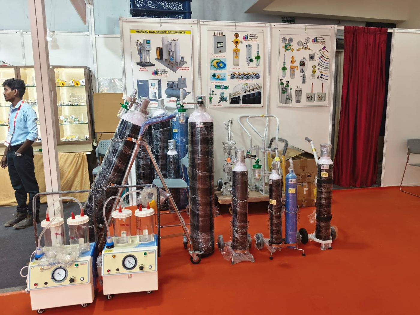 Medicall Exhibition - Medical gas cylinders, trolleys and suction machines on display