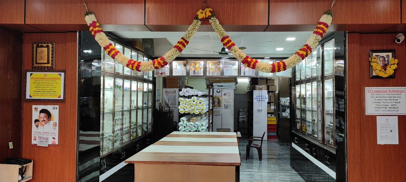 Medical gas equipment showroom with product display cabinets