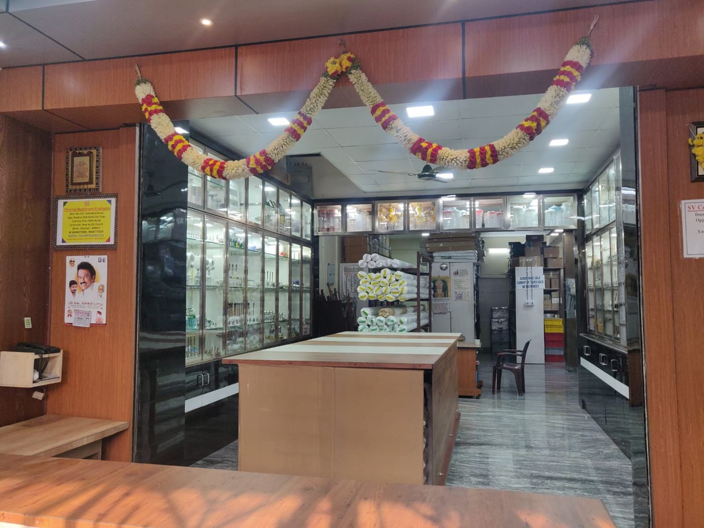 Showroom interior displaying medical gas fittings and accessories