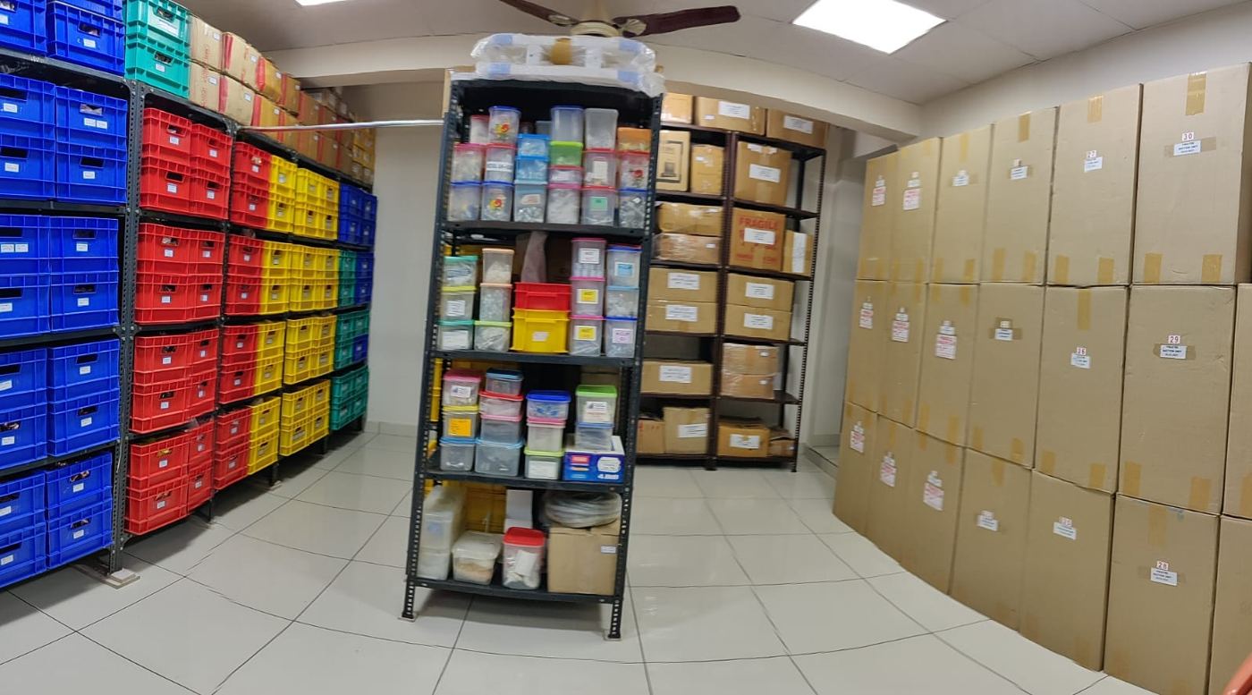 Warehouse stocked with packed medical gas equipment and components